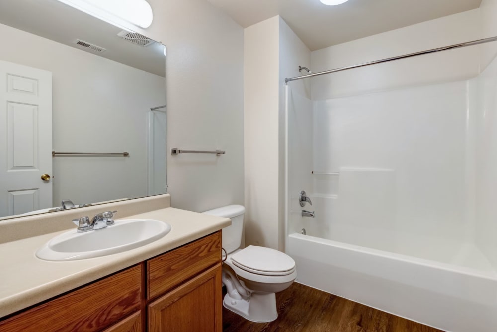 Bathroom featuring vanity and shower at Eagleview in Joint Base Lewis McChord, Washington