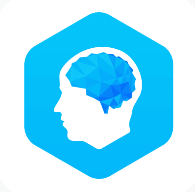 A bright blue hexagon, centered with a white simple cartoon drawing of a human head with a blue dimensioned brain