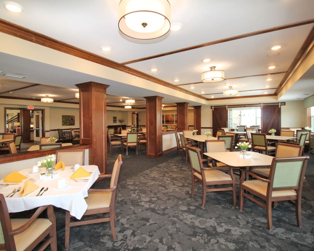 Dining hall with seating at The Pillars of Mankato in Mankato, Minnesota