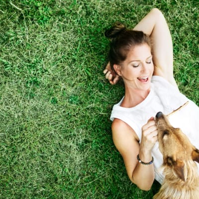 A resident laying in the grass with a dog at Joe Davis in Twentynine Palms, California