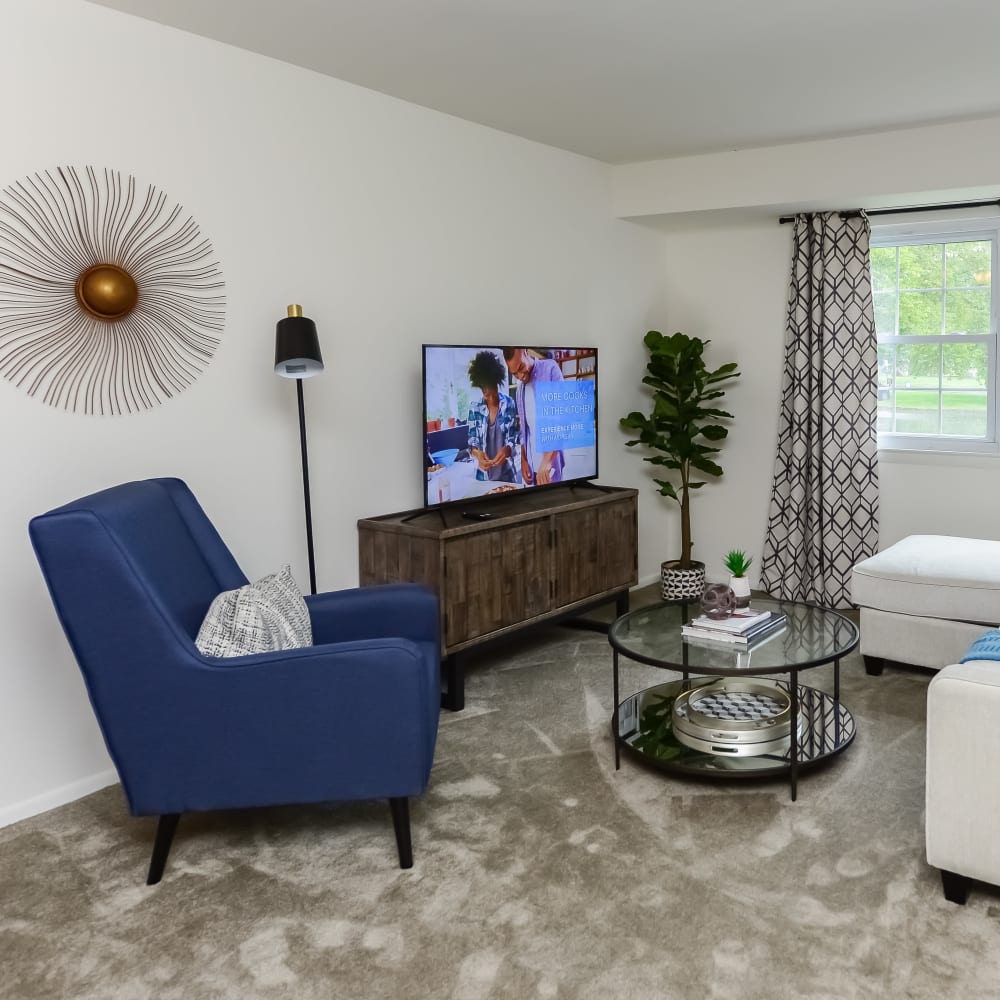 Model living room at Riverside Towers Apartment Homes in New Brunswick, New Jersey