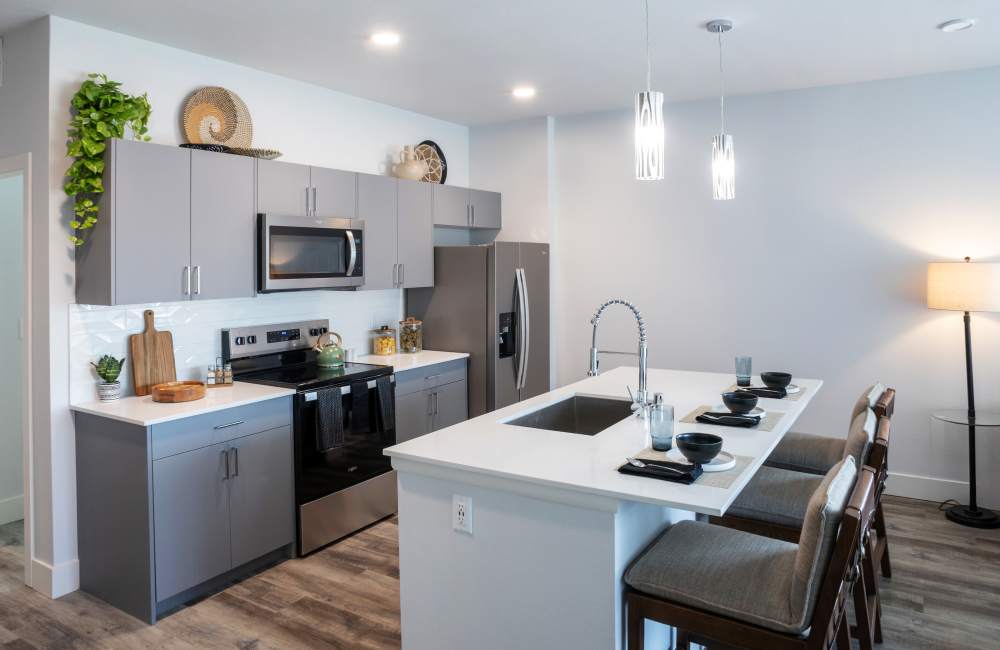 Ultra-modern kitchen of a model apartment at Calm at Northtowne in Reno, Nevada