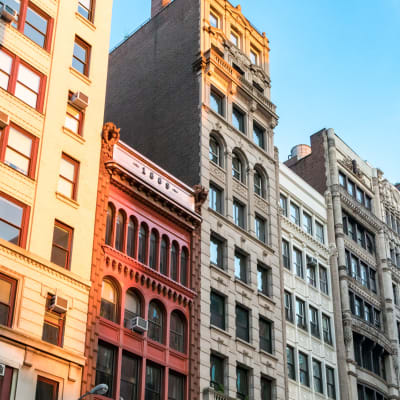 View of the building from the ground level at 210-220 E. 22nd Street in New York, New York