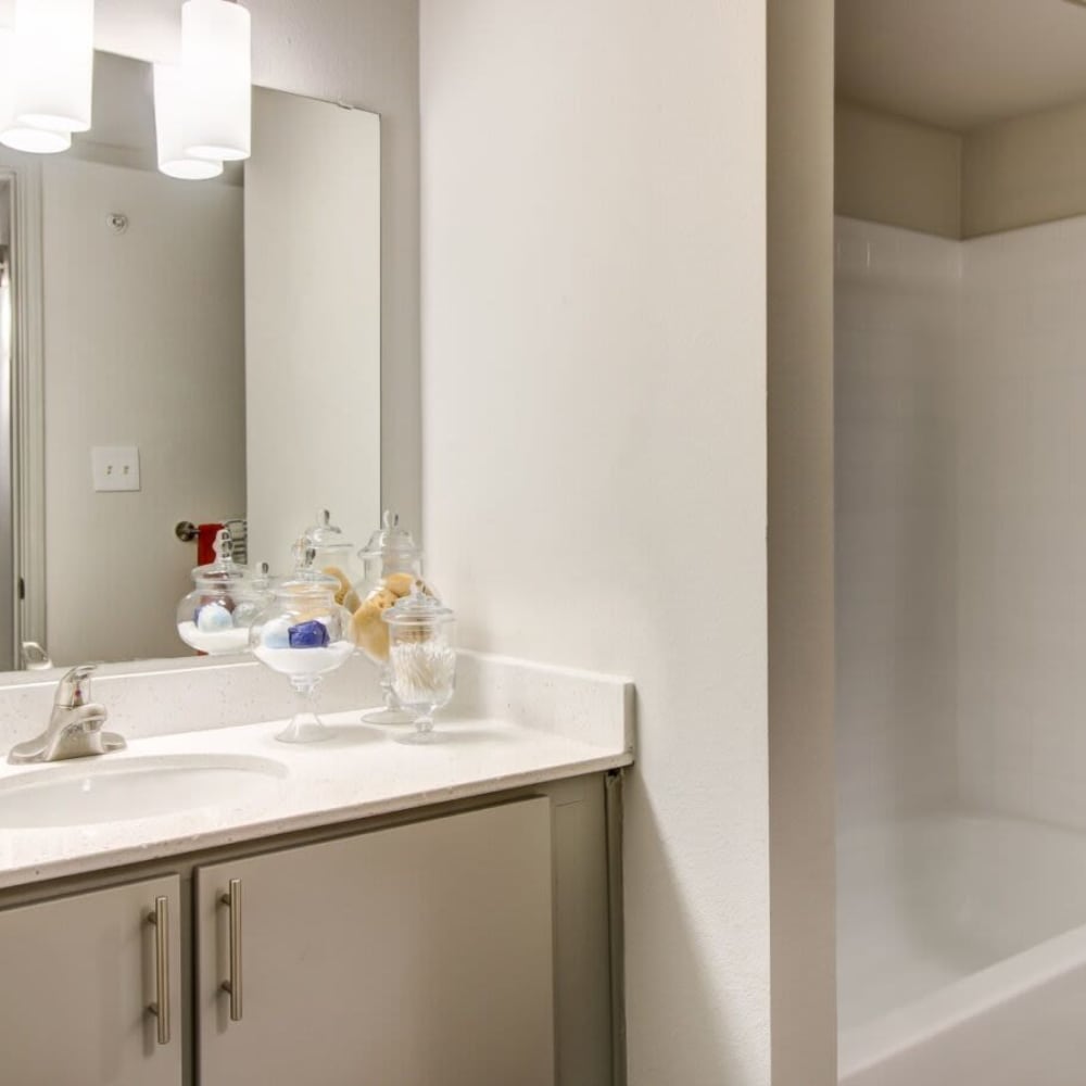 Bathroom area at NOAH Apartments in San Antonio, Texas 