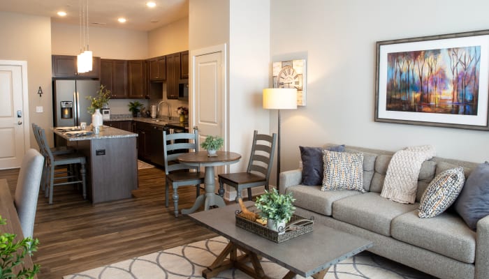 An open kitchen and living room at Attivo Trail in Ankeny in Ankeny, Iowa
