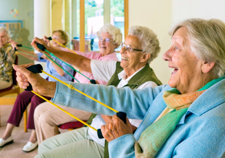 Residents of The Wellington laugh during physical therapy class