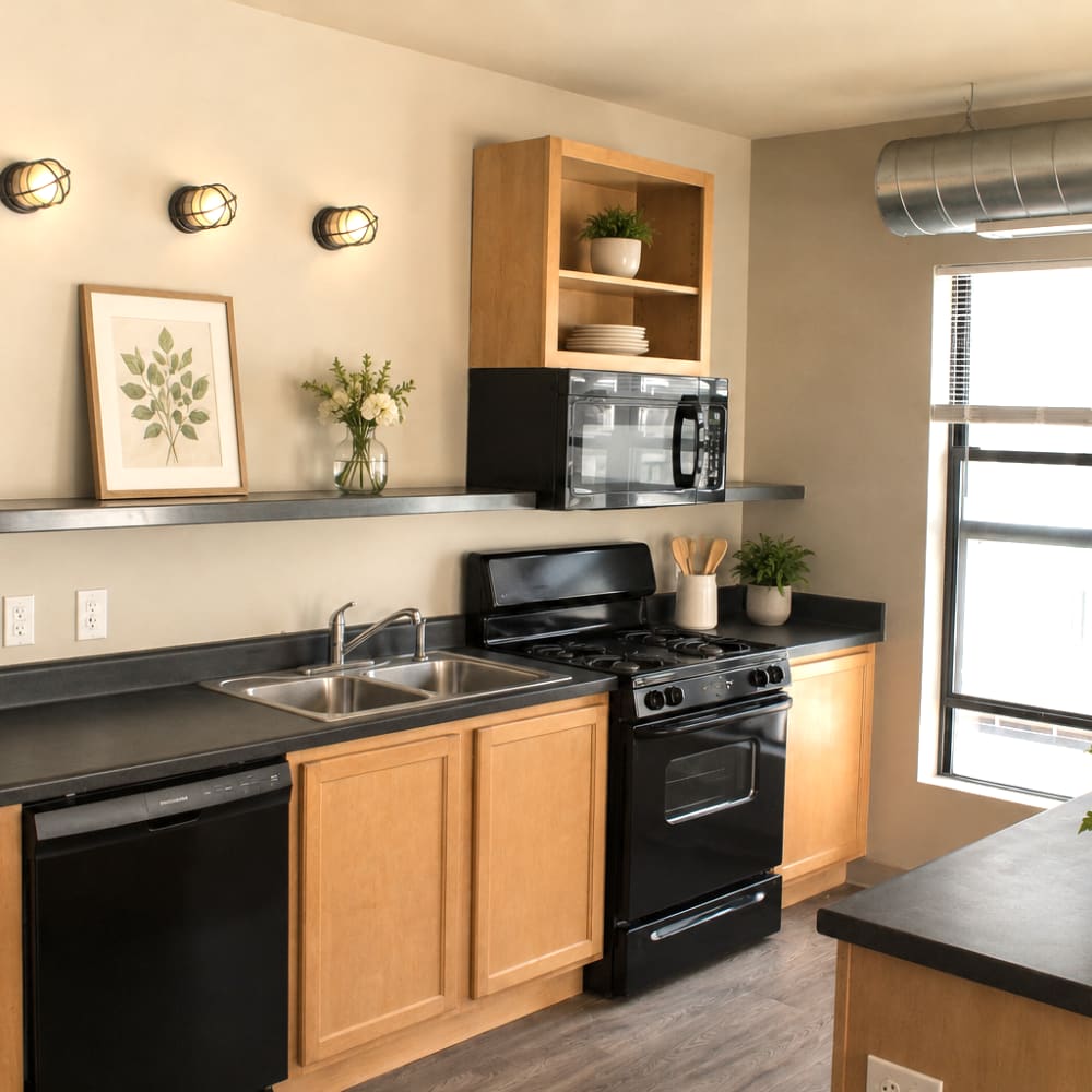 modern kitchen with black appliances and wood cabinetry at East Village Square in Des Moines, Iowa