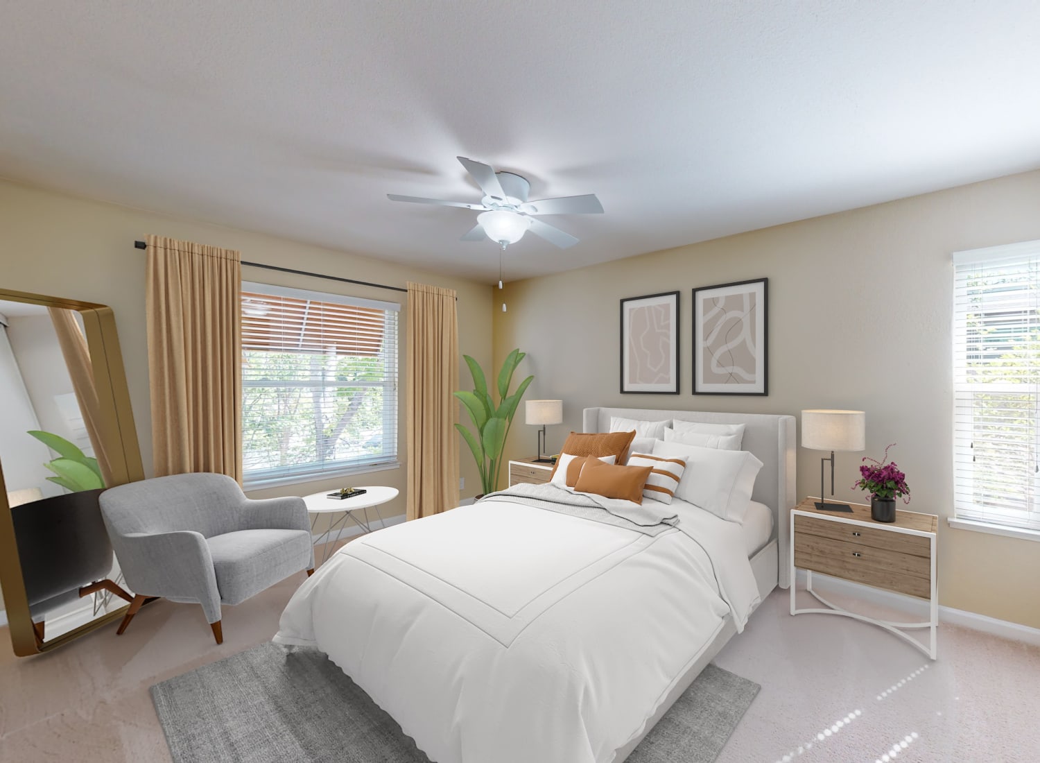 Spacious bedroom in a model apartment at Valley Plaza Villages in Pleasanton, California