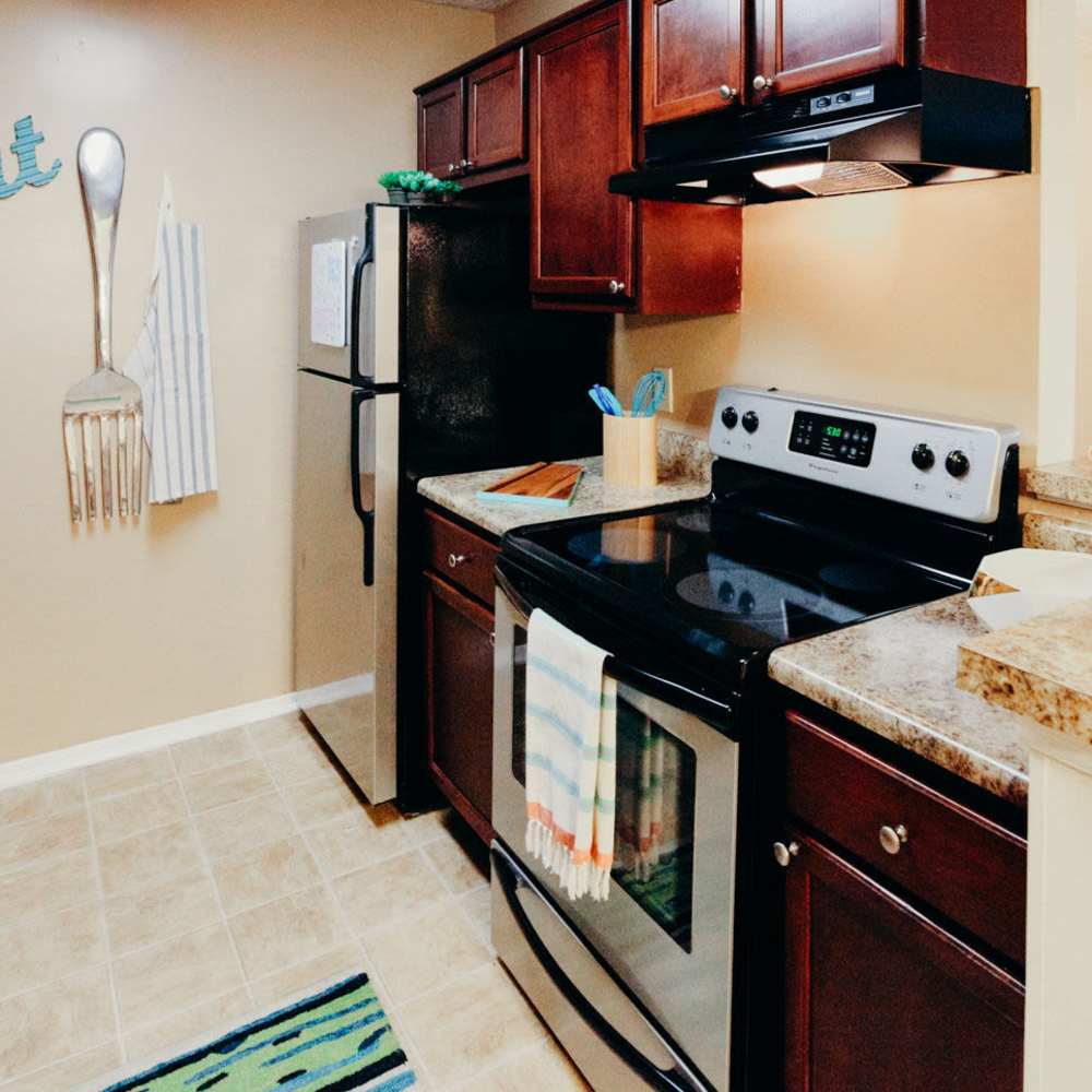 Fully equipped kitchen with granite countertops stainless steel appliances like a refrigerator, stove, and drawer microwave at Tapestry on Vaughn in Montgomery, Alabama