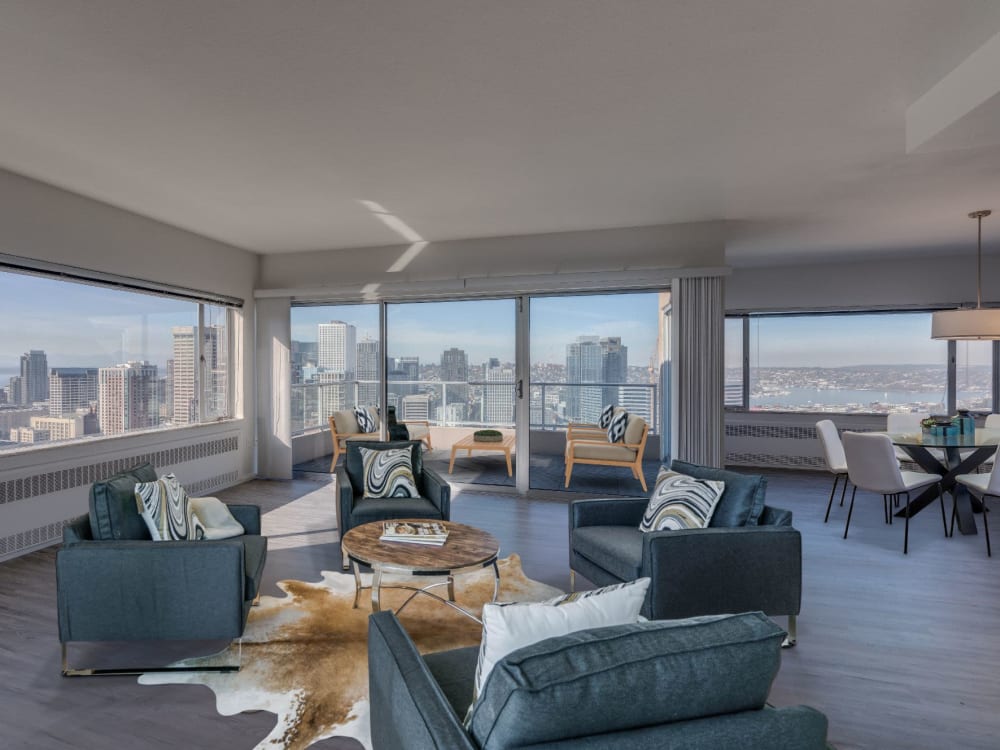 Lounge area with cowskin rug at Panorama Apartments in Seattle, Washington