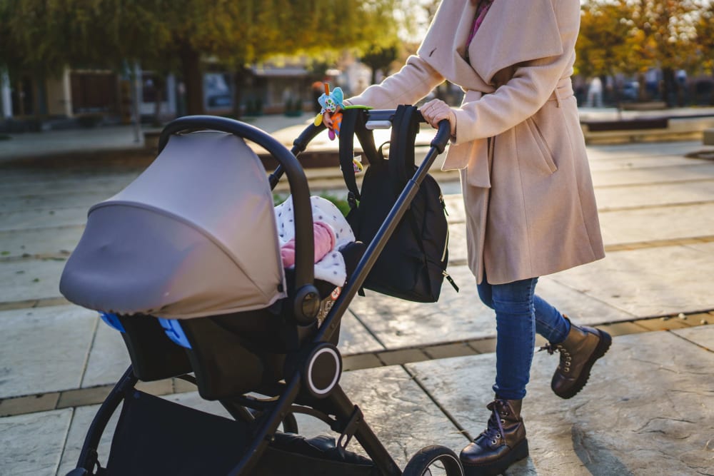 Resident with a stroller near Adams View in Washington, District of Columbia