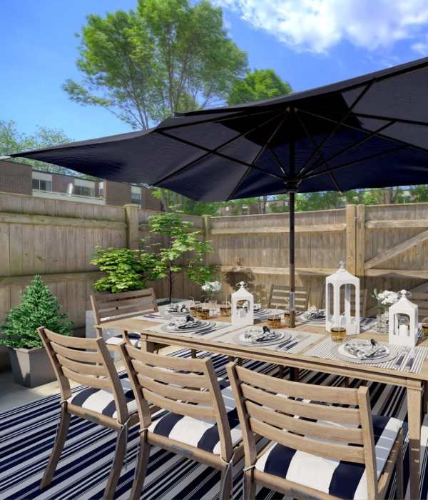 Dining area on a spacious patio at Eagle Rock Apartments & Townhomes at Brighton in Brighton, Massachusetts