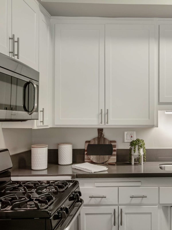 Modern kitchen with wood-style flooring at Axiom Westwood in Los Angeles, California
