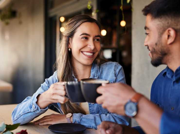 A couple out for coffee in the neighborhood near Falls Creek in Sanford, North Carolina