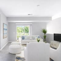Bright living room with modern furniture, large windows, and indoor plants for a fresh atmosphere at 43 North Apartments in Grand Haven, Michigan