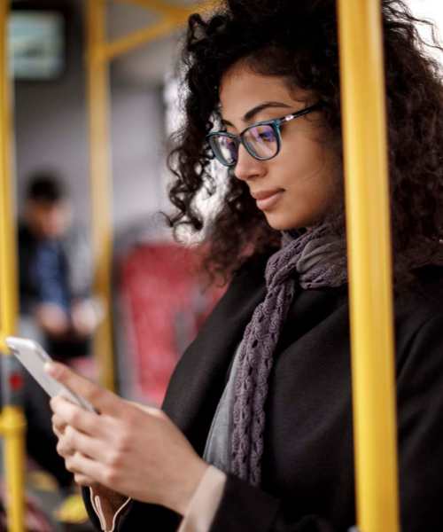 Woman travelling in a bus near The Sycamores in Indianapolis, Indiana