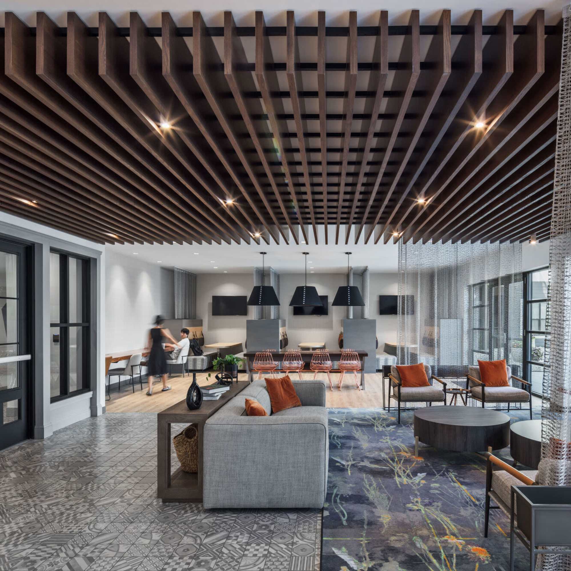 Stylish lounge with unique seating arrangements at Westmont at The Lane in Columbus, Ohio