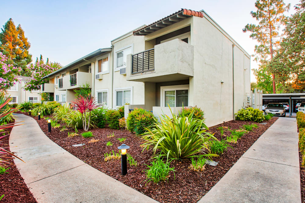Apartment building surrounded by landscaping at Pleasanton Place