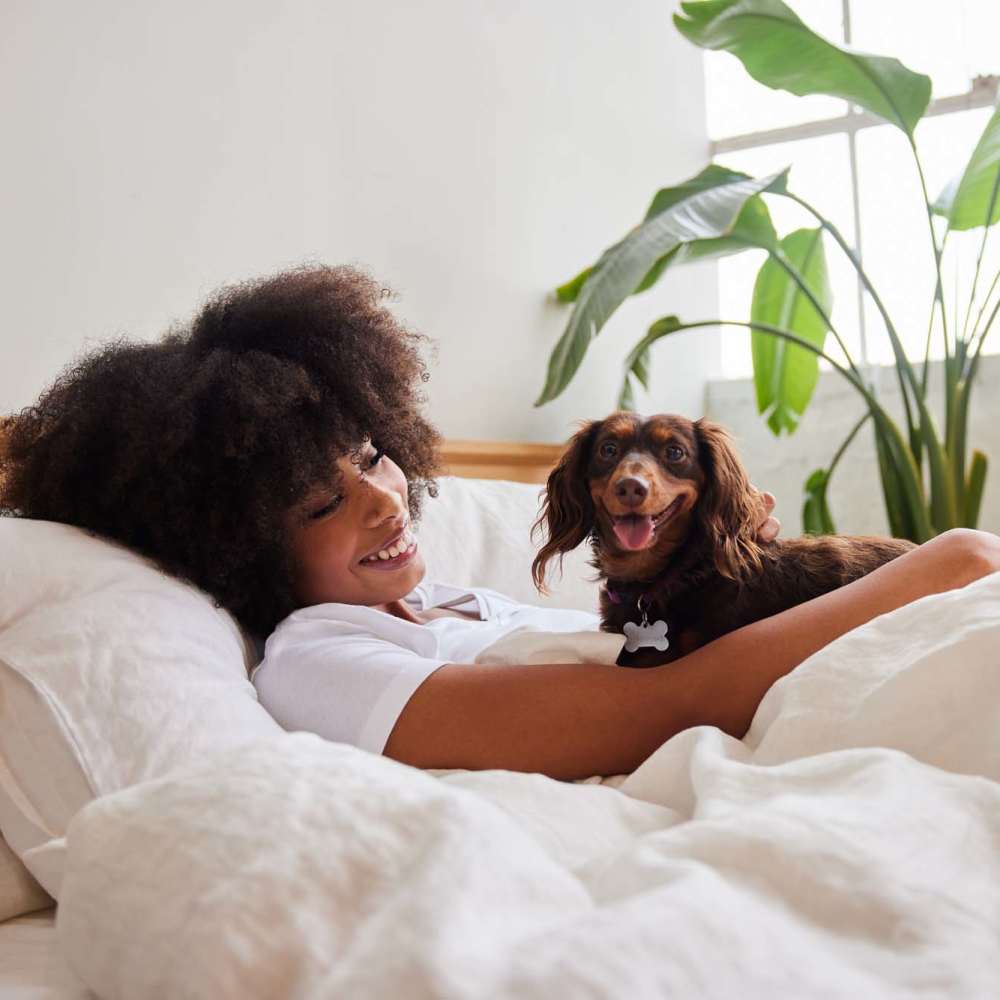Puppy relaxing along with its owner on the bed in apartment at The Millwright in Cornelius, North Carolina