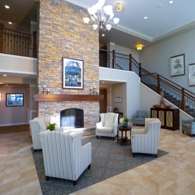 Modern foyer with fireplace at The Sanctuary at St. Cloud in St Cloud, Minnesota