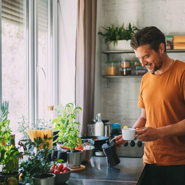 A resident makes coffee in his kitchen at Mason Avenue, Alexandria, Virginia