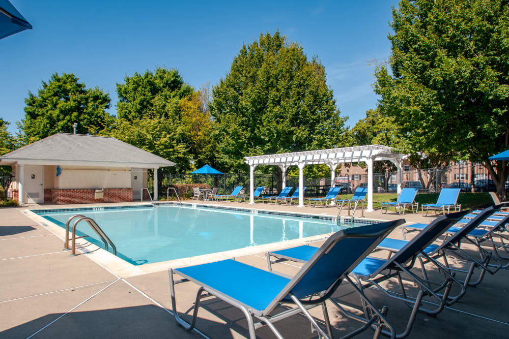 Swimming pool surrounded by lounge chairs