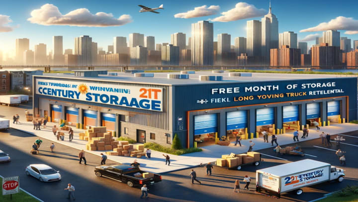 A modern and vibrant storage facility in Long Island City is depicted under a clear blue sky. Banners promote special offers including a 