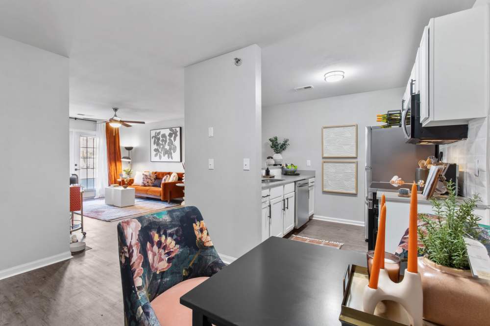 Adjoining living room and kitchen at Albion at Murfreesboro in Murfreesboro, Tennessee