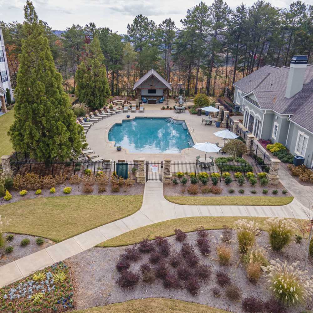 Drone view of swimming pool area at Avonlea Highlands in Cartersville, Georgia