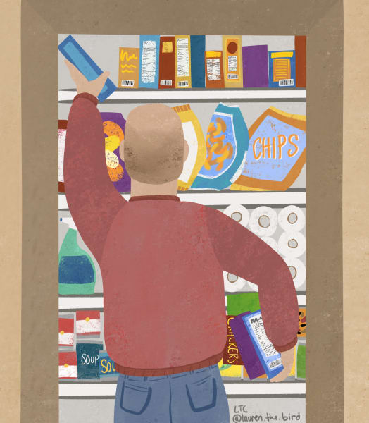 a full size image of the header image of a cartoon drawing with a person taking items off a top pantry shelf with their back facing us