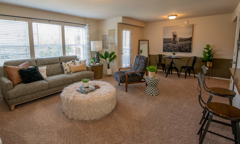 An apartment living room at Fountain Lake in Edmond, Oklahoma