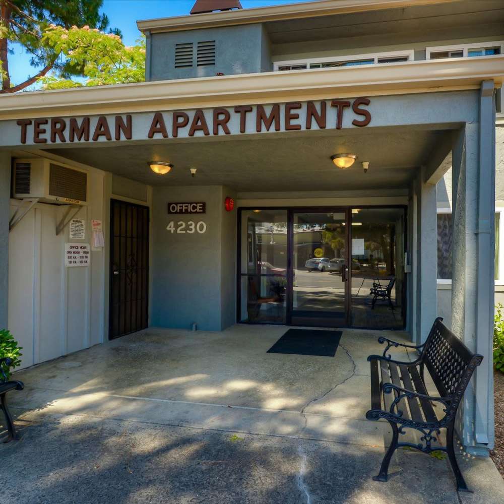 Entrance of the community at Terman Apartments in Palo Alto, California, 