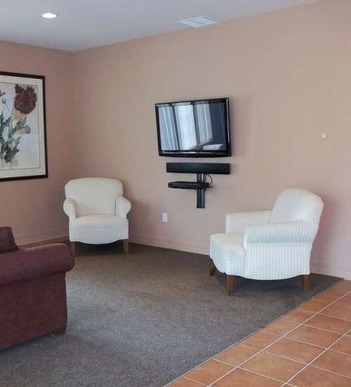 Modern living room with cozy furnishings at Windsor Gardens Apartments in Rochester, New York