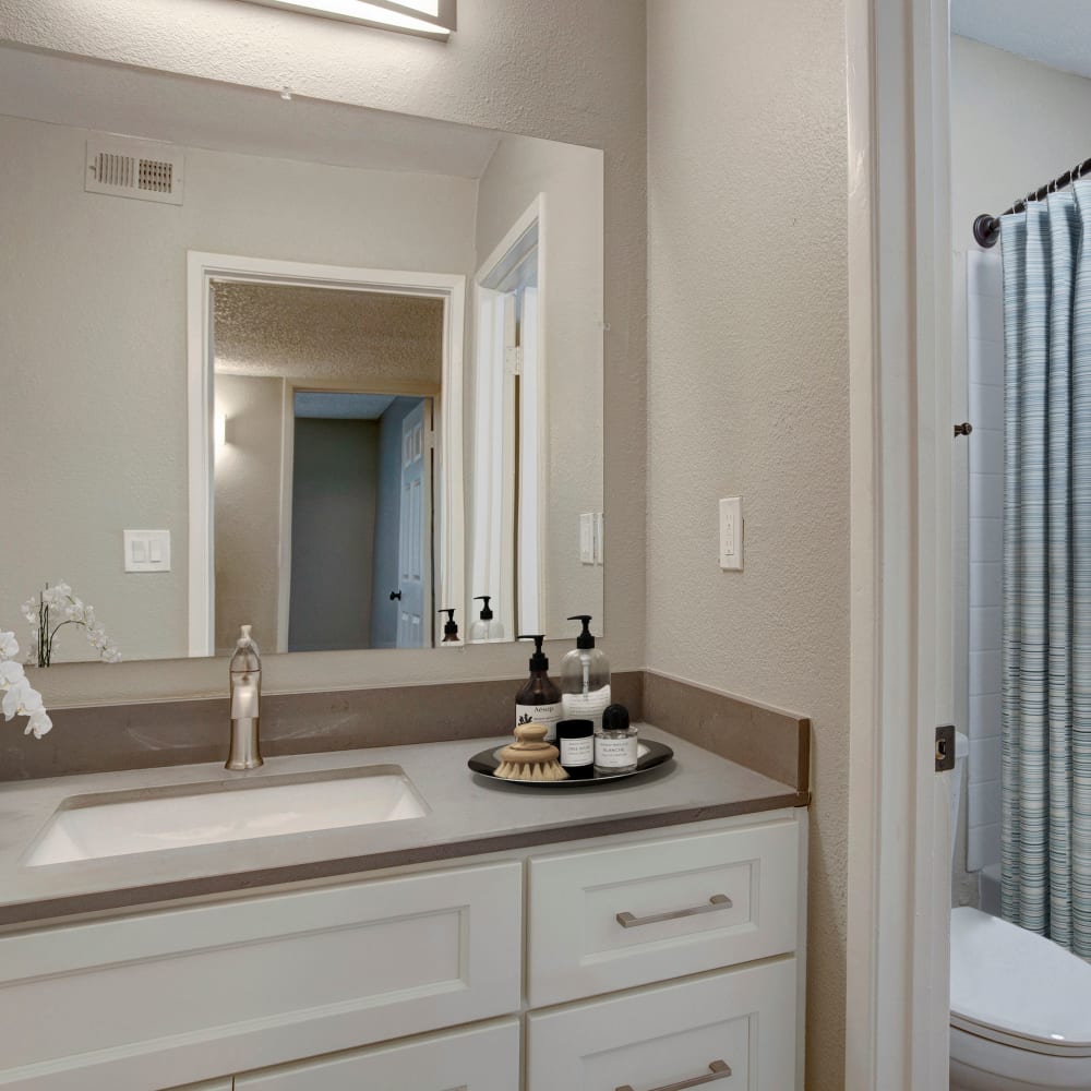 Bathroom with washer and dryer in model apartment home at The Davenport in Sacramento, California