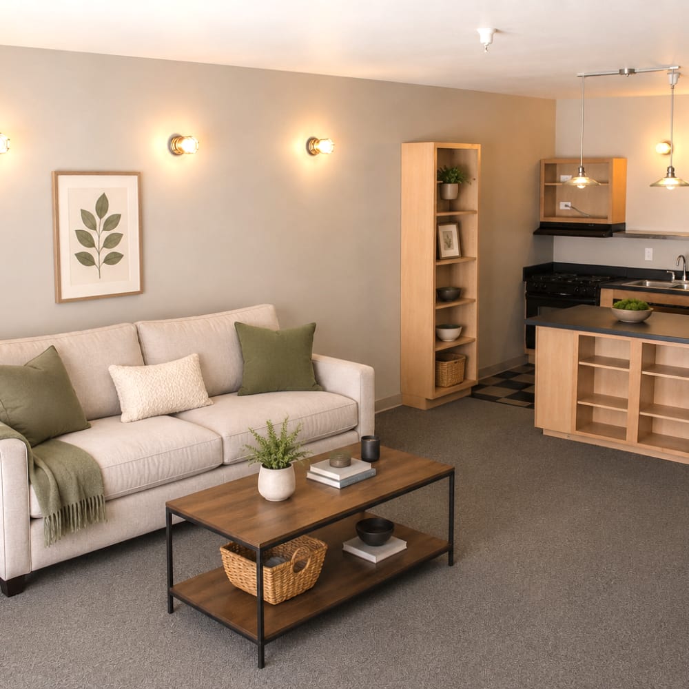 Living room and kitchen area with large windows at East Village Square in Des Moines, Iowa