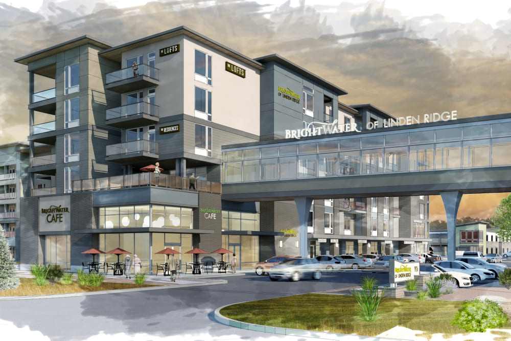 A rendering of the parking lot and main entrance at The Arbours at Linden Pointe in Winnipeg, Manitoba