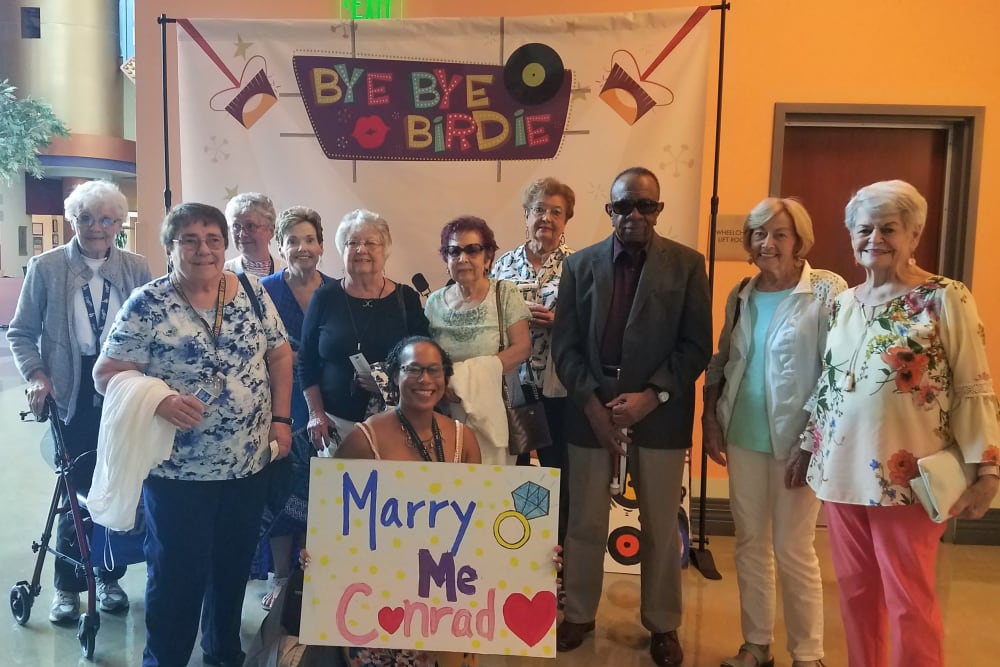 Residents enjoying a local play production near Merrill Gardens at Rancho Cucamonga in Rancho Cucamonga, California. 