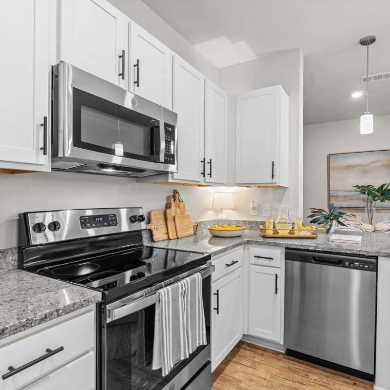 Well-equipped kitchen of apartment at Mexico Beach Crossings in Mexico Beach, Florida