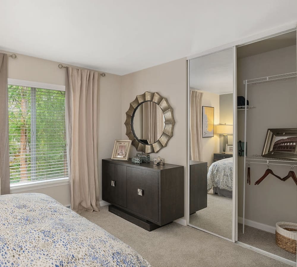 Master bedroom with beautiful large windows at Waterhouse Place in Beaverton, Oregon