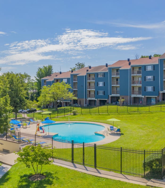 Swimming pool area on a sunny day at Eagle Rock Apartments at Towson in Towson, Maryland