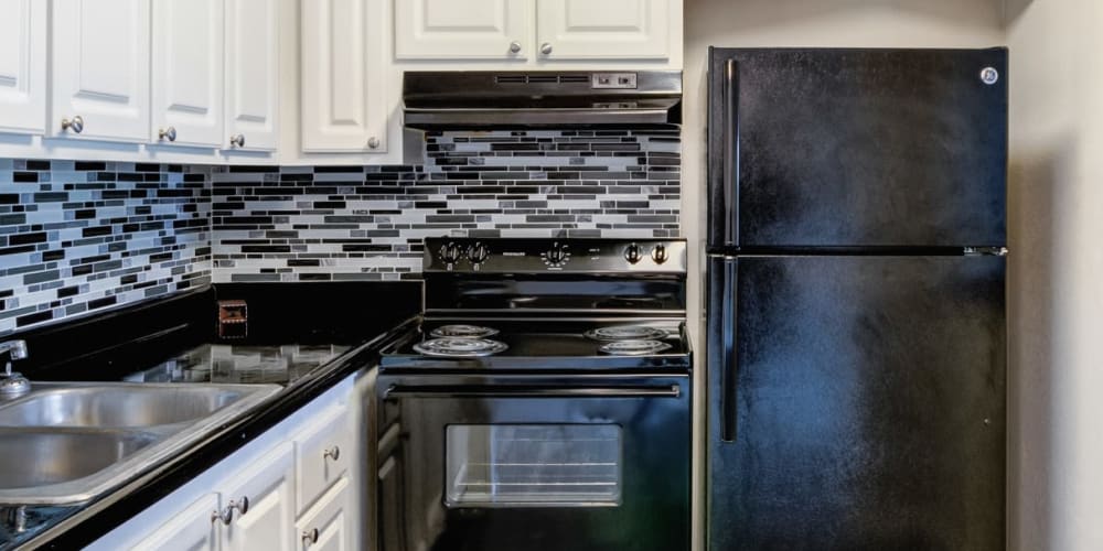 Apartment kitchen with tile backsplash and black appliances at Villas at Princeton Lakes in Atlanta, Georgia