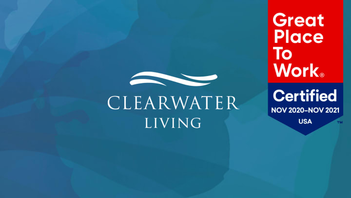 Clearwater Living logo and Great Place to Work Badge