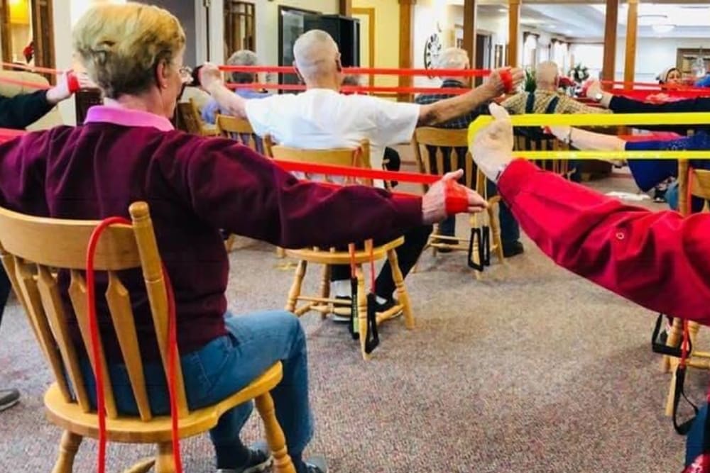 Resident exercise class at Prairie Hills Independence in Independence, Iowa.