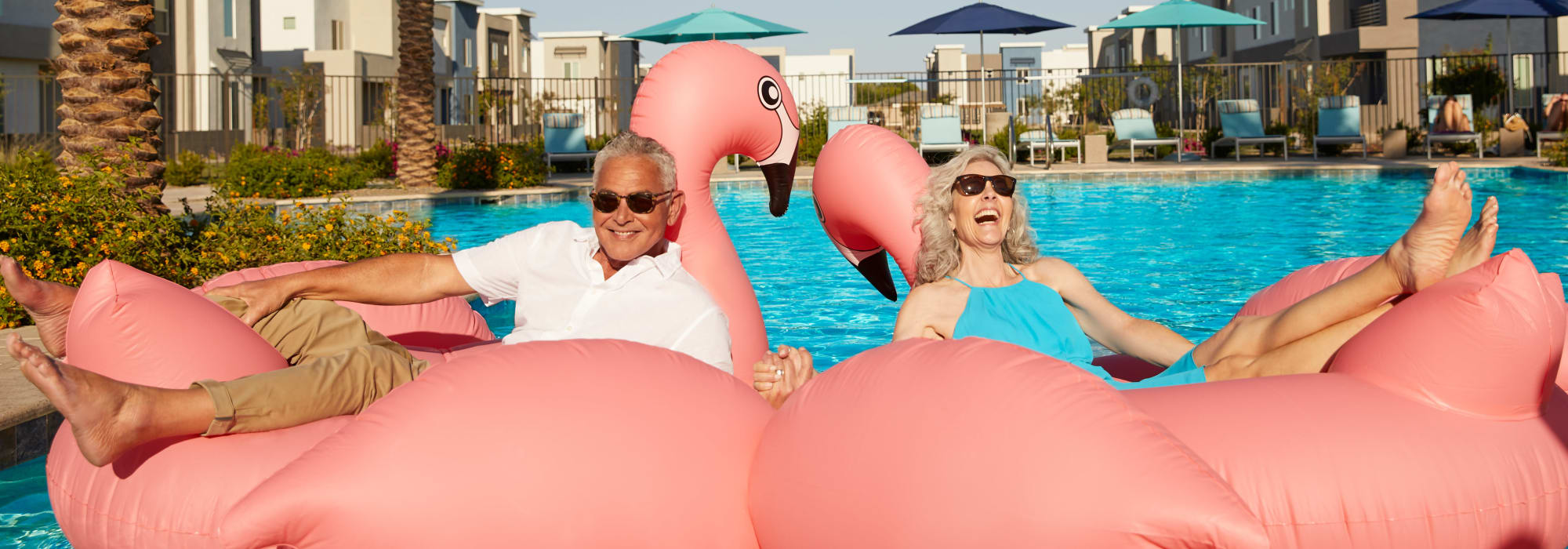 Residents on flamingo pool floats at Las Casas at Windrose in Litchfield Park, Arizona