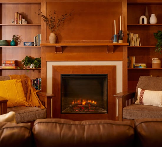 Fireplace lounge at Amira Choice Forest Lake in Forest Lake, Minnesota. 