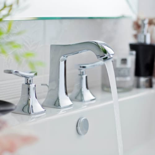 Model home's bathroom with modern fixtures at Highland View Court in Bakersfield, California