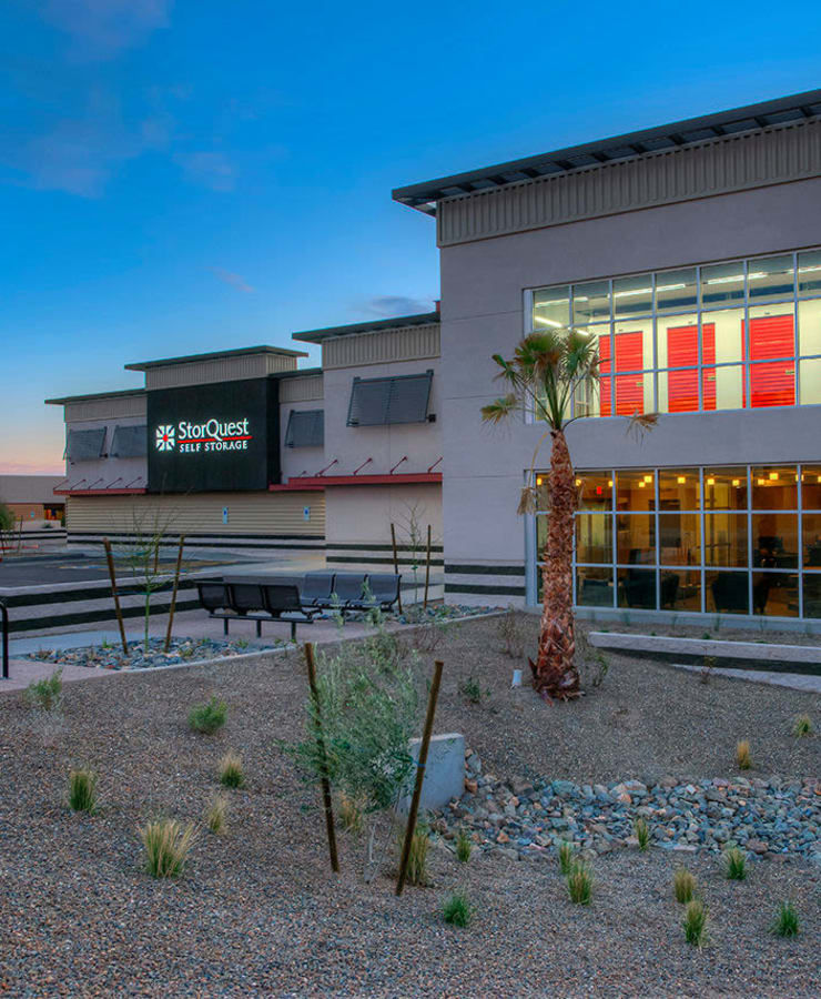 Facade and surrounding landscaping at StorQuest Self Storage in Los Angeles, California