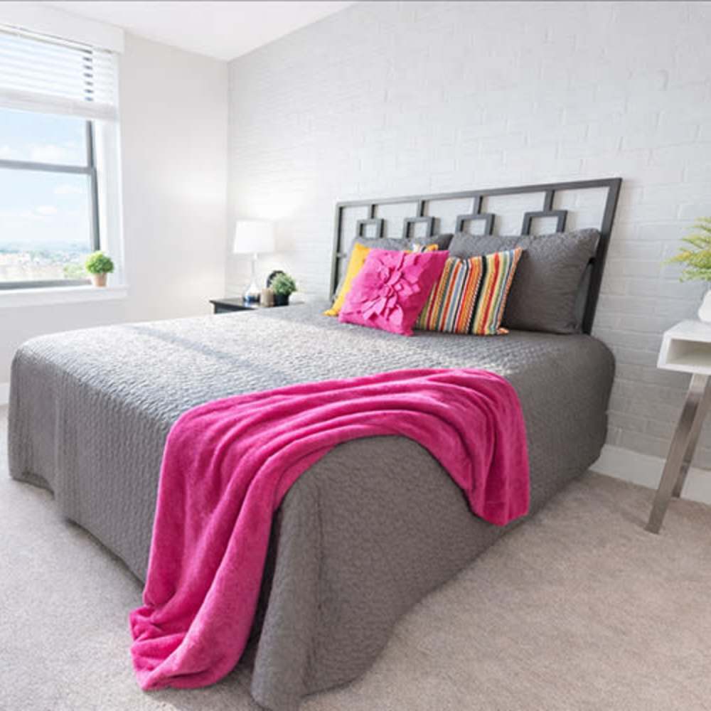 Bright bedroom with gray bedding, colorful pillows, and large window showcasing scenic views at Flats on Fifth in Louisville, Kentucky