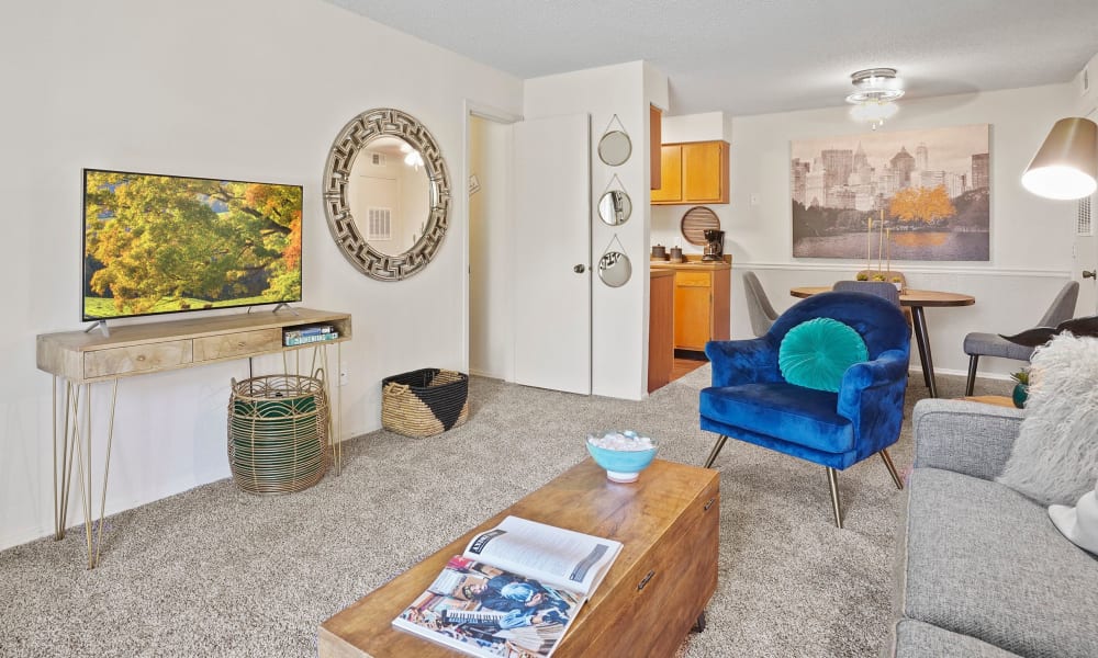 TV and bright model living room at Silver Springs Apartments in Wichita, Kansas