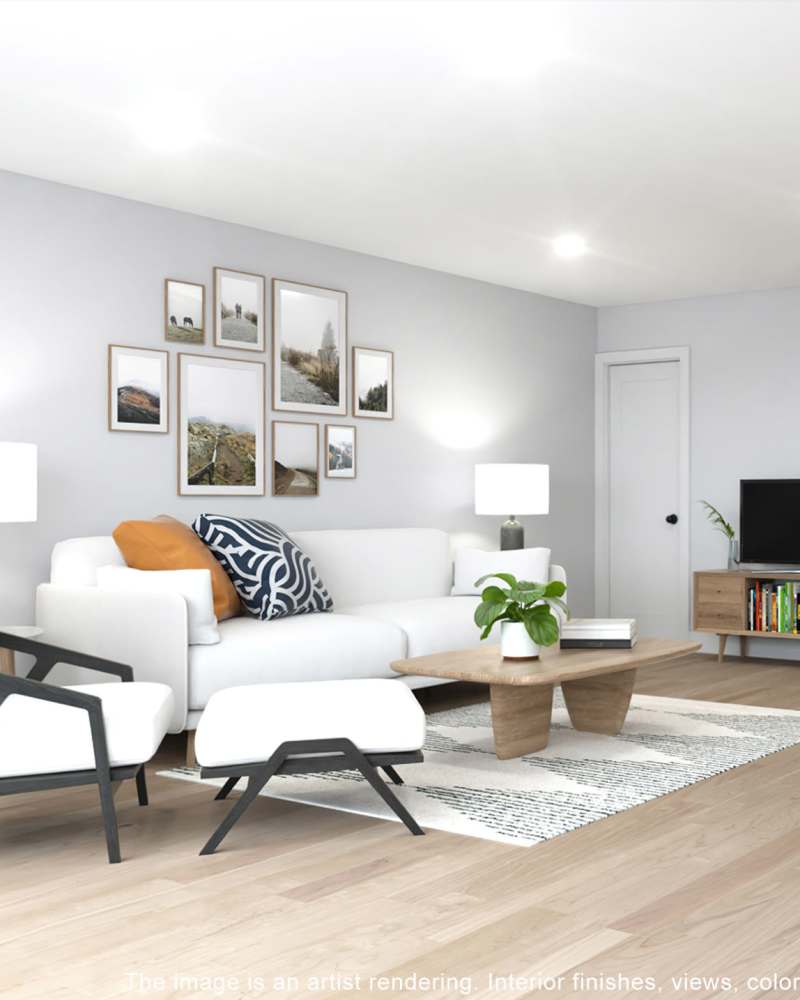 A furnished apartment living room with white details at Hampton Square in Cherry Hill, New Jersey